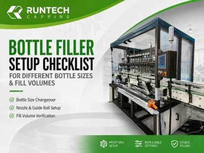 Runtech bottle filler setup for different bottle sizes and fill volumes